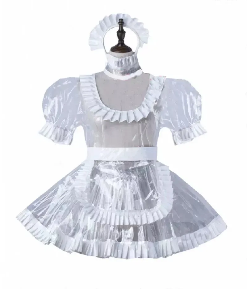 Sissy-Kleid, PVC, weiß, Cosplay, Dienstmädchen, Perspektive, abschließbar, Halloween-Kostüm, Weihnachtsfeier, Kostüm, individuelle Erwachsenengröße Image