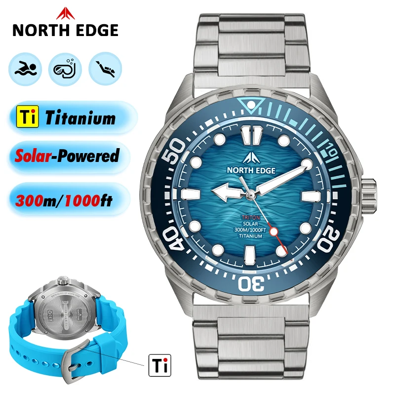 NORTH EDGE TRITON-TI Titan-Edelstahl Solarbetriebene Taucheruhr Luxus-Quarzuhren für Herren 300M wasserdicht 180+ Tage Energieversorgung Image