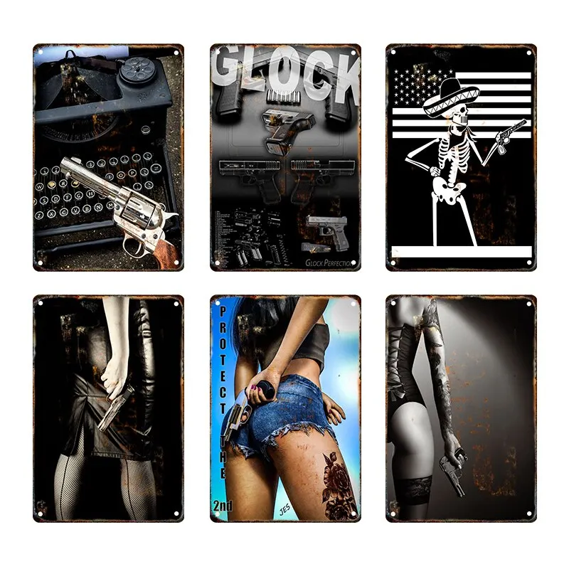 Vintage Sexy Girl Blechschild Retro Pistole HD Wandkunst für Wohnzimmer Bar Club Party Höhle Home Decor Poster Druck Image