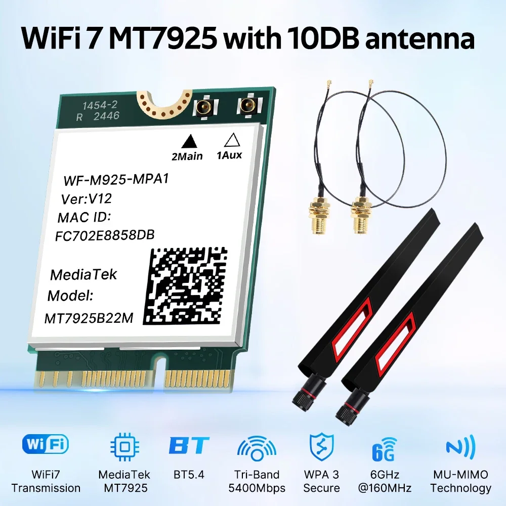 Fenvi WiFi 7 MT7925 Netzwerkkarte Bluetooth 5.4 M.2 NGFF Wireless Adapter 5400 Mbit/s Tri Band 2,4 G/5 G/6 GHz WiFi7 mit 10 dBi Antenne Image