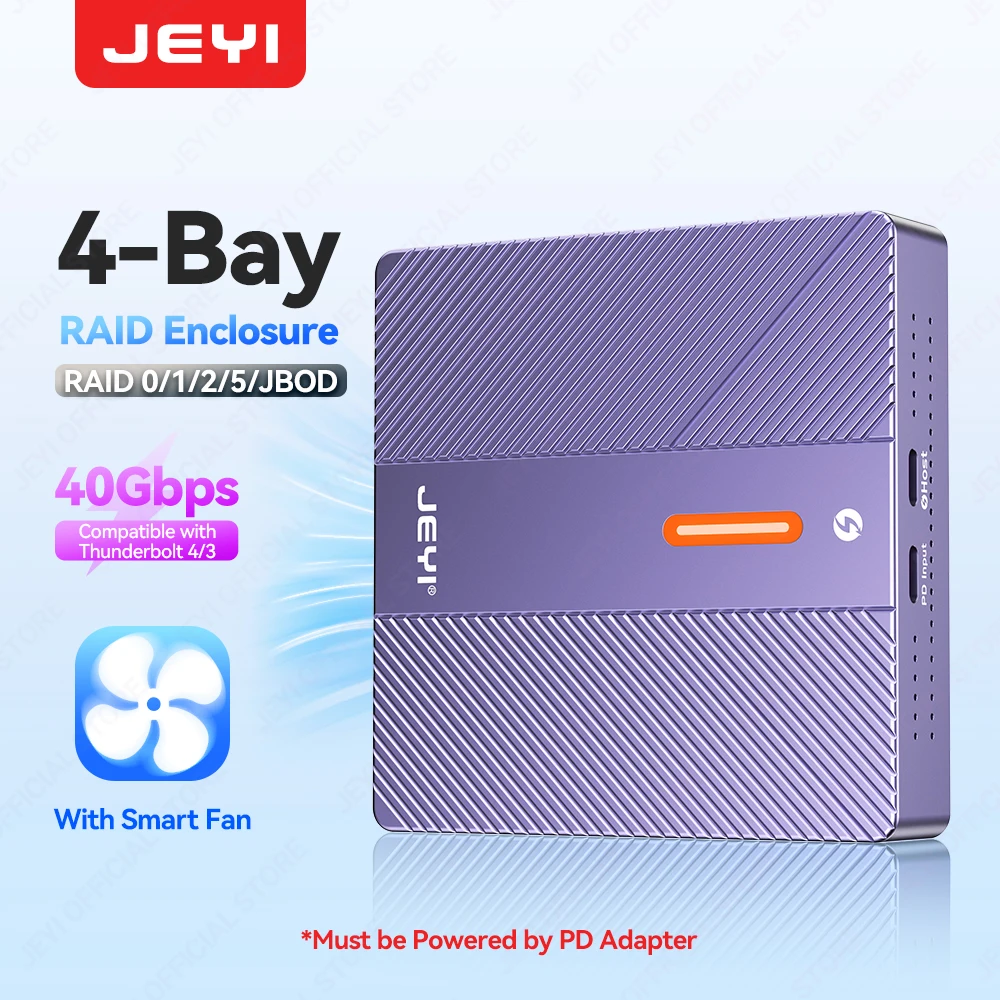 JEYI 4-Bay NVMe RAID-Gehäuse – TB 4 40 Gbit/s Turbinenkühlung, kompatibel mit Mac/Windows, Einzel- und RAID-Modi, max. 32 TB Image