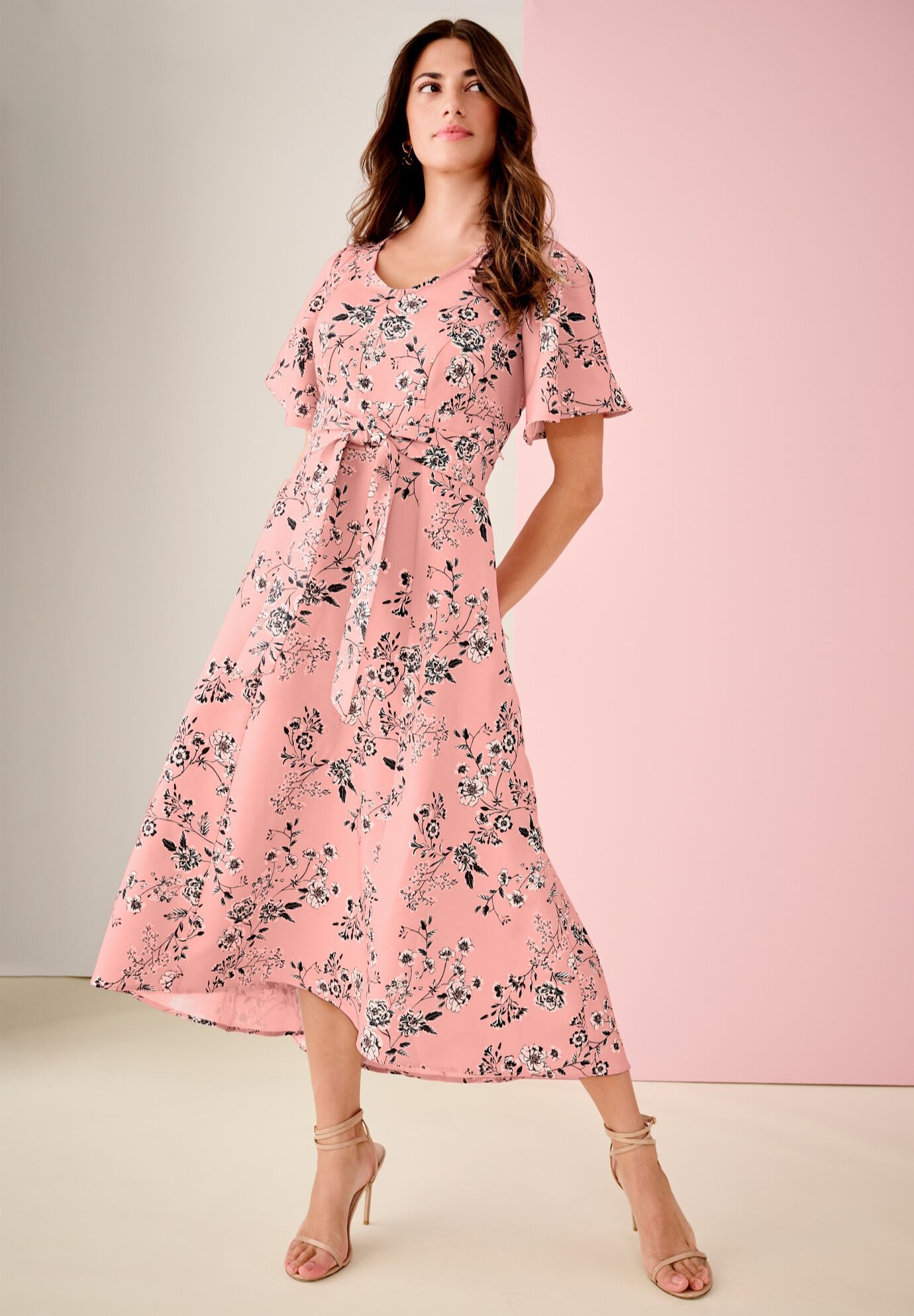 Plus Size Women's Plus Size Flutter Sleeve V-Neck Fit and Flare Bi-stretch Maxi Dress by Roaman's in Blush Rose Garden (Size 34 W)