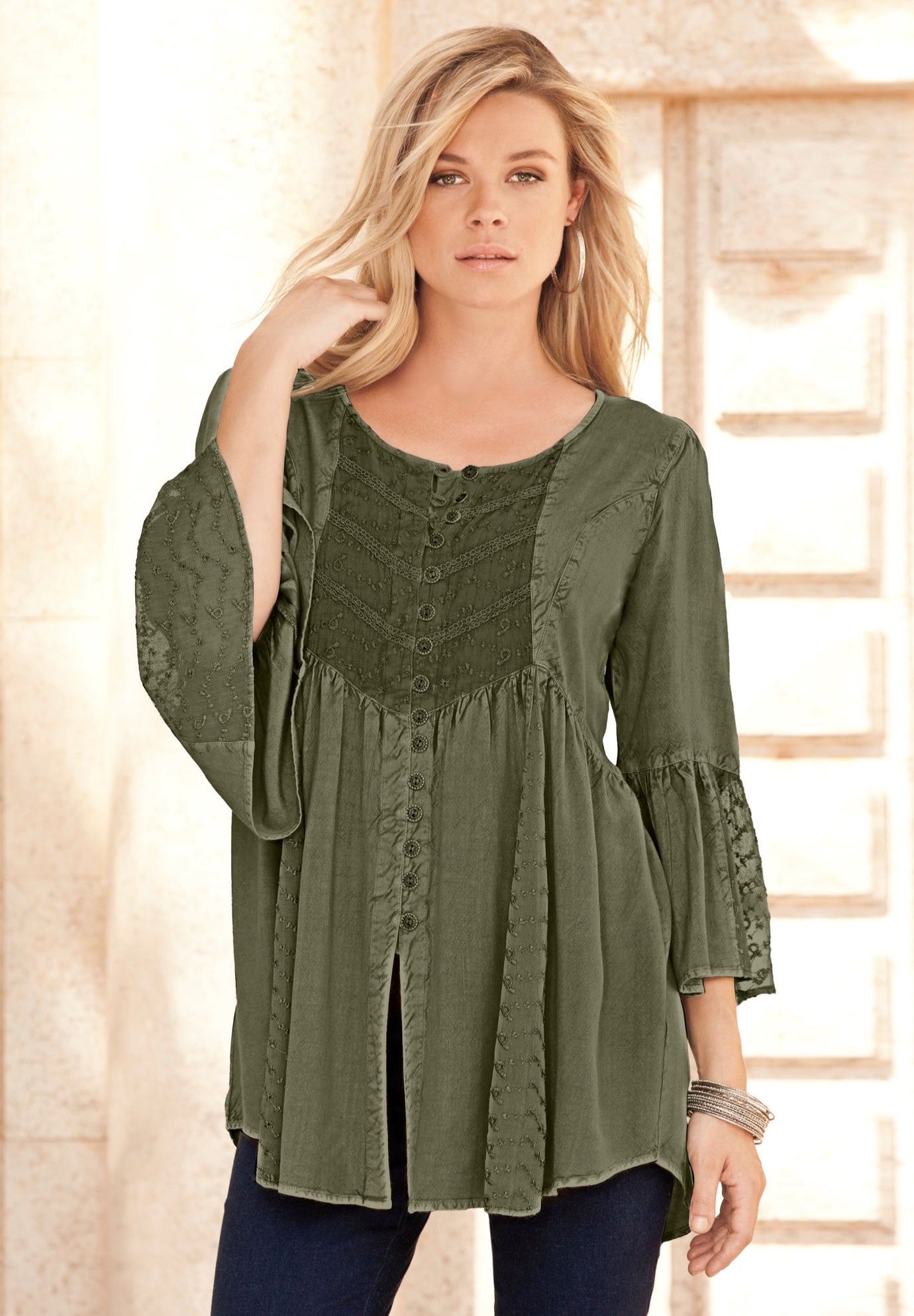 Plus Size Women's Taylor Acid Wash Big Shirt by Roaman's in Dark Olive Green (Size 16 W)