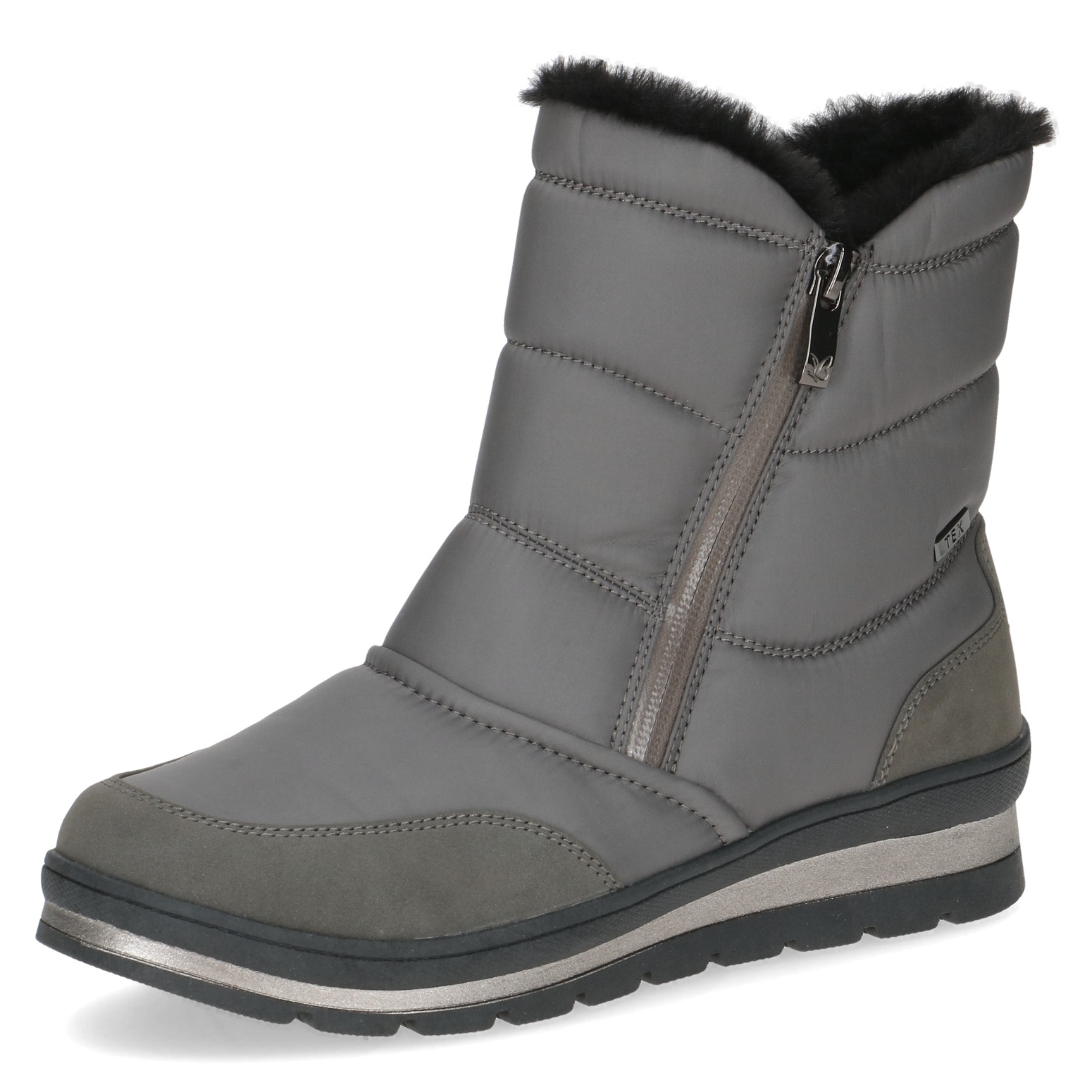 Snowboots CAPRICE, Damen, Gr. 37,5, grau, Synthetik, Schuhe Snowboots, Keilabsatz, Outdoorboots, Kurzstiefel mit Fellimitat am Schaftrand