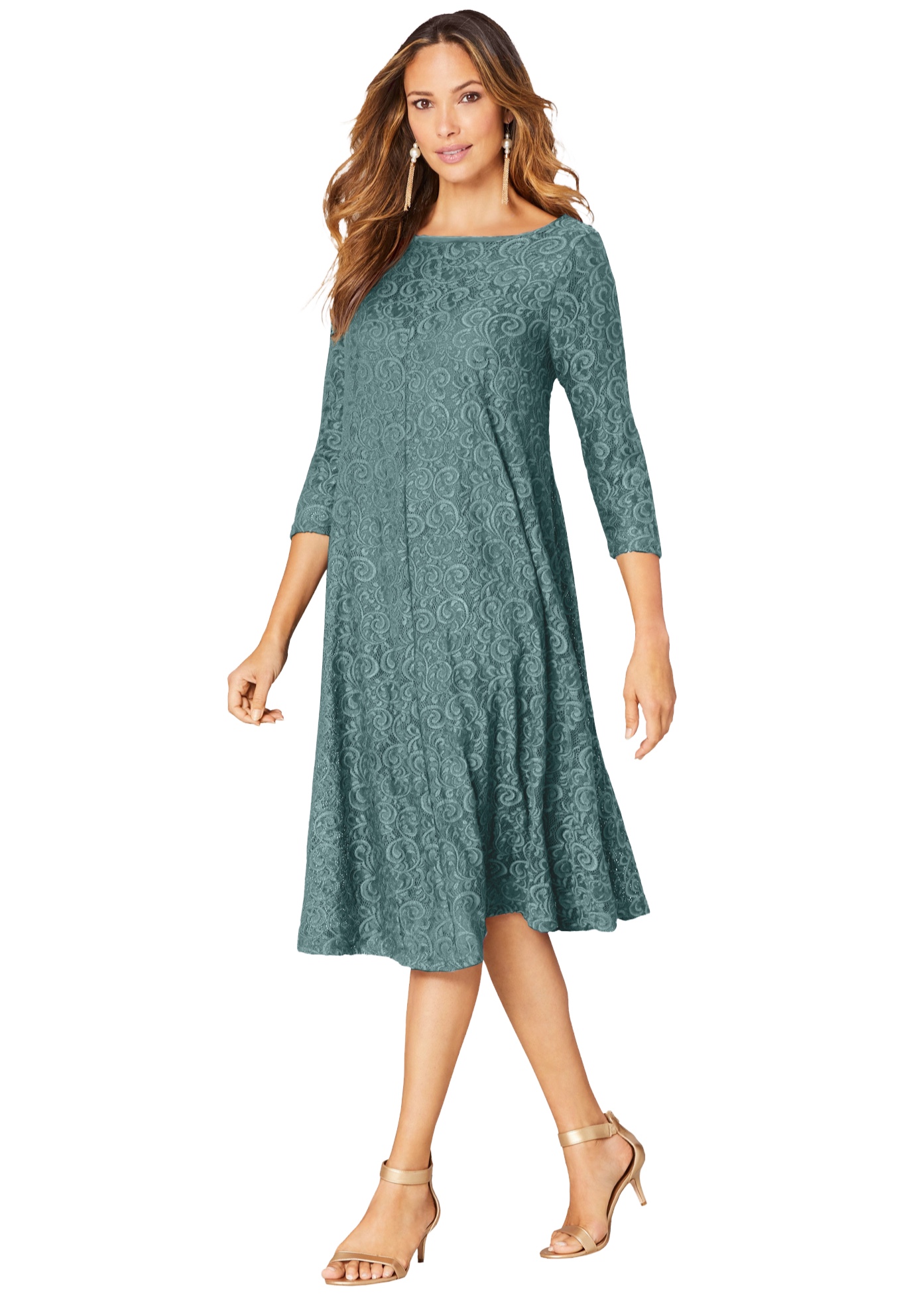 Plus Size Women's Plus-Size 3/4 Sleeve Boatneck Lace Swing Dress by Roaman's in Cool Sage (Size 26/28)