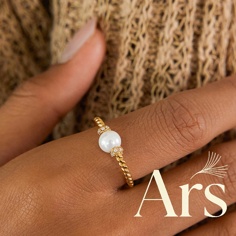 Ars Imitation Pearl Stainless Steel Ring Gold Plated Finger Rings Dainty Spiral Ring Waterproof Ring No Tarnish Daily Wear Rings