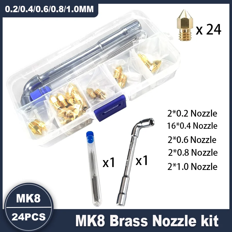 24 Stück MK8 Messingdüsen 0.2/0.4/0.6/0.8/1.0mm 3D-Drucker Extruderdüsen Set für Creality Ender 3/3 Pro/5/6 CR-10 Serie Image