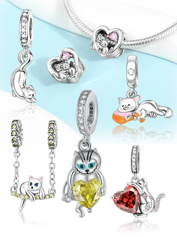 Charms Plata Katze Herz Swing Muttertagsgeschenk versilbert für Charms versilbert Original Armband für die Schmuckherstellung Image