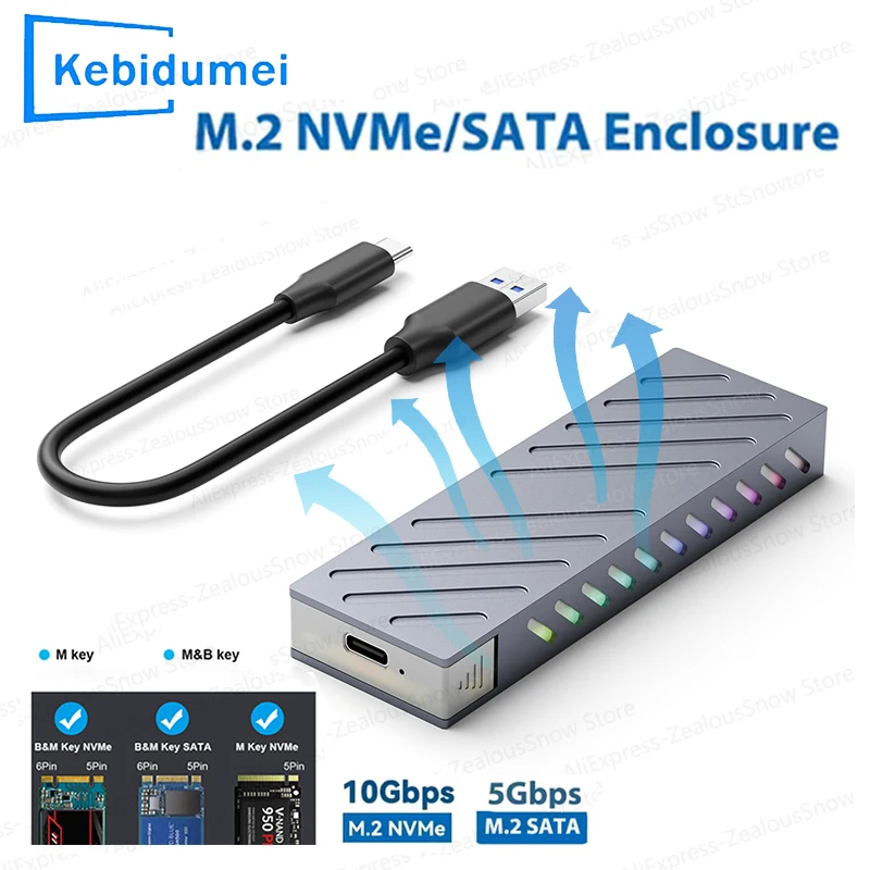 M.2 SSD-Gehäuse 10 Gbit/s M.2 SATA/NVMe Dual Protocol SSD-Adapter SSD zu USB 3.1 externes Gehäuse für NVME PCIE NGFF SATA RGB Box Image