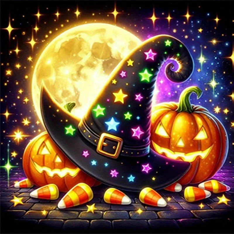 [Peinture diamant Halloween bricolage] Kit de peinture diamant Halloween bricolage perceuse complète 5D | Chapeau de sorcière citrouille Patte ciel étoilé lumineux