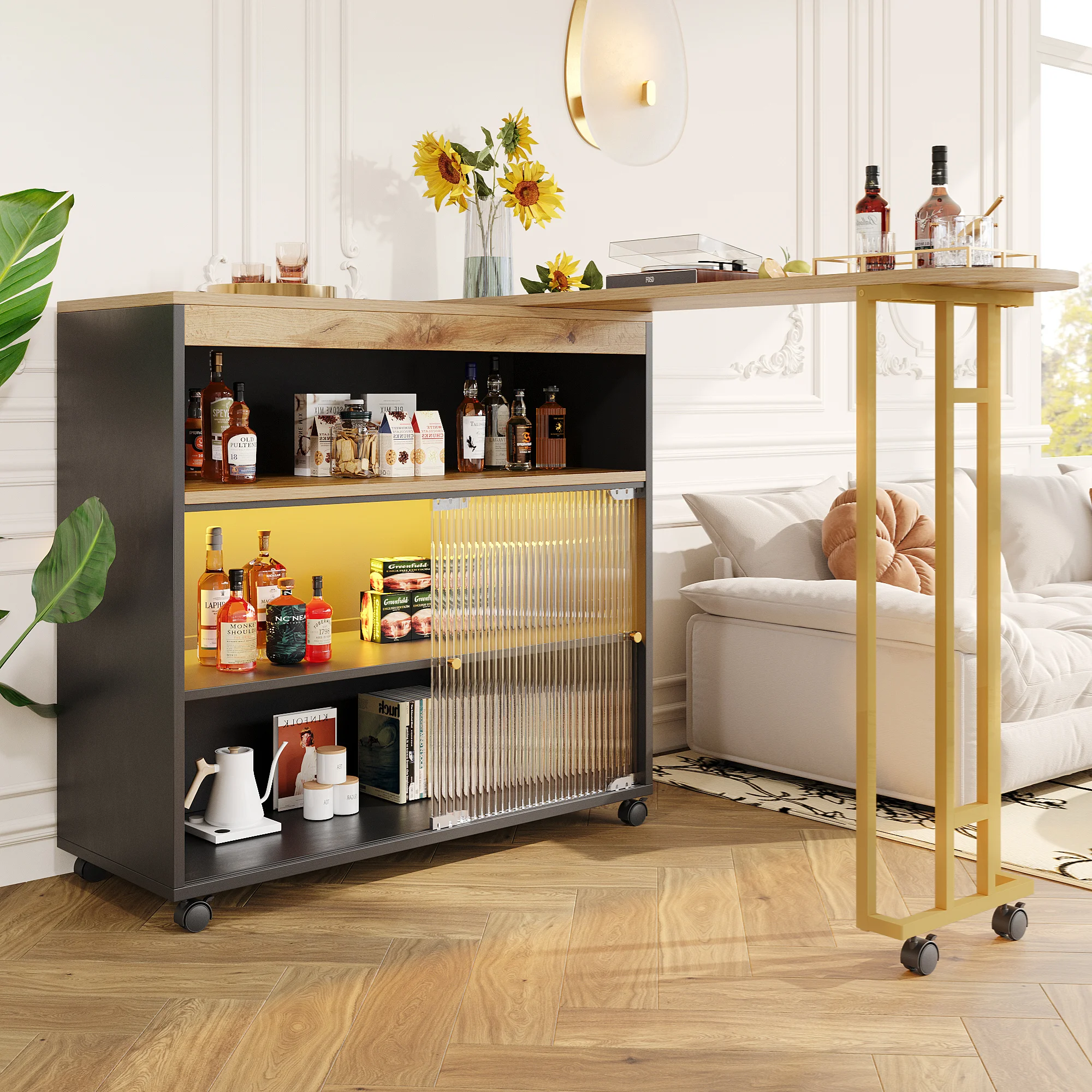 Table de bar 138-204 × 39 × 105 cm Table de bar extensible moderne avec rangement pour salle à manger avec table sur pied LED Table de bistro Table haute