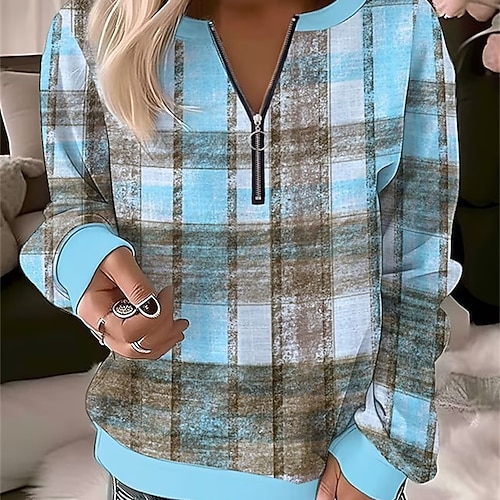 Per donna Felpa Pullover Floreale Plaid Semplice Elegante Caldo Attivo Manica Lunga Collo Alto Top Regolari Casa Lavoro Streetwear Stampato Zip a un quarto Rosa Blu Viola chiaro Viola Blu scuro