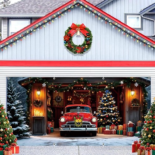 Copertura per porta da garage natalizia, casa di Babbo Natale, grande sfondo appeso, 2 auto, decorazione per feste all'aperto, stampa piatta 2D, striscione da parete festivo, cortile, casa, scena natalizia, sfondo 78 piedi