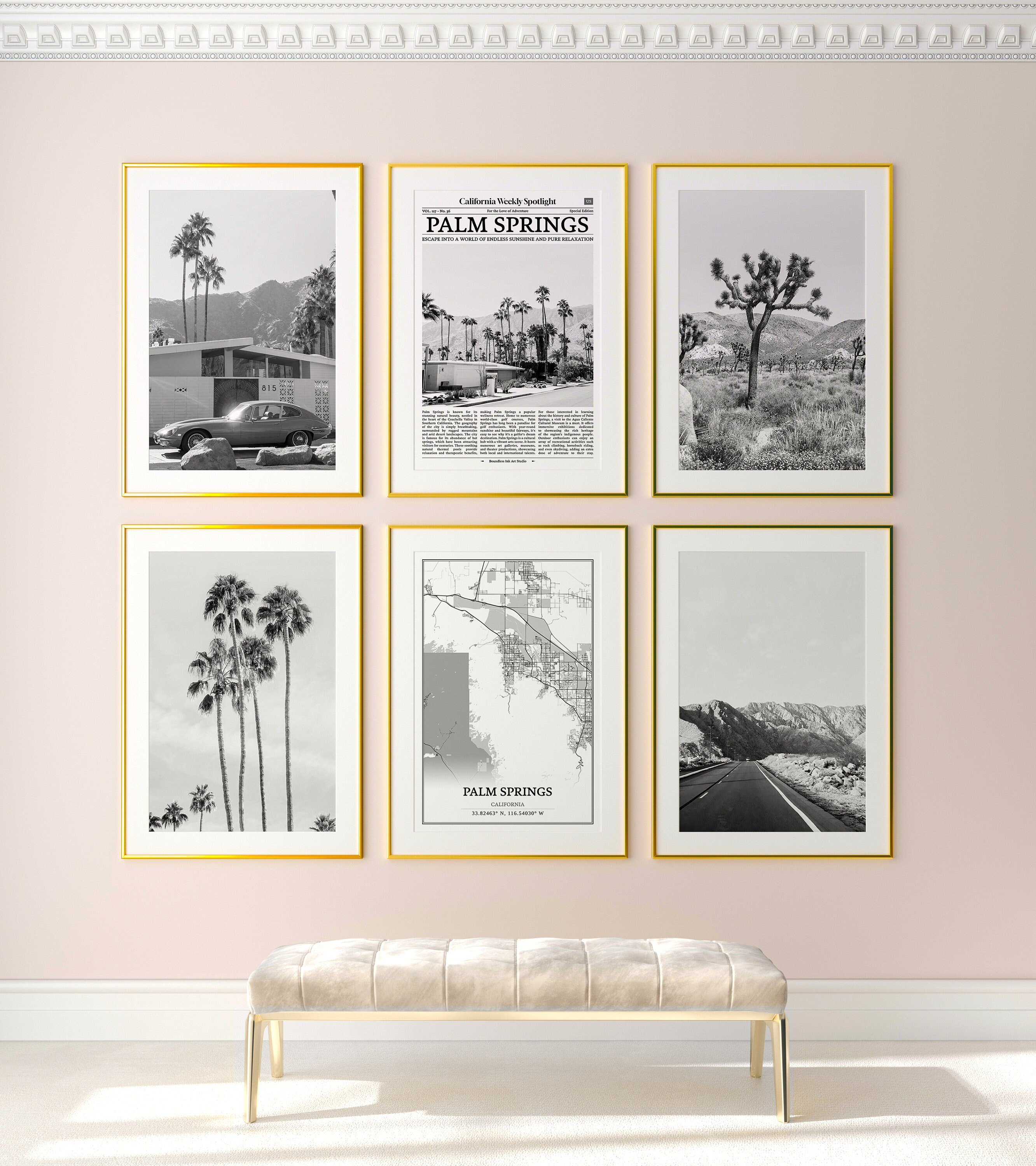 Set di 6 stampe della città di Palm Springs, stampe in bianco e nero di Palm Springs, poster fotografico di Palm Springs, mappa di Palm Springs, Calif