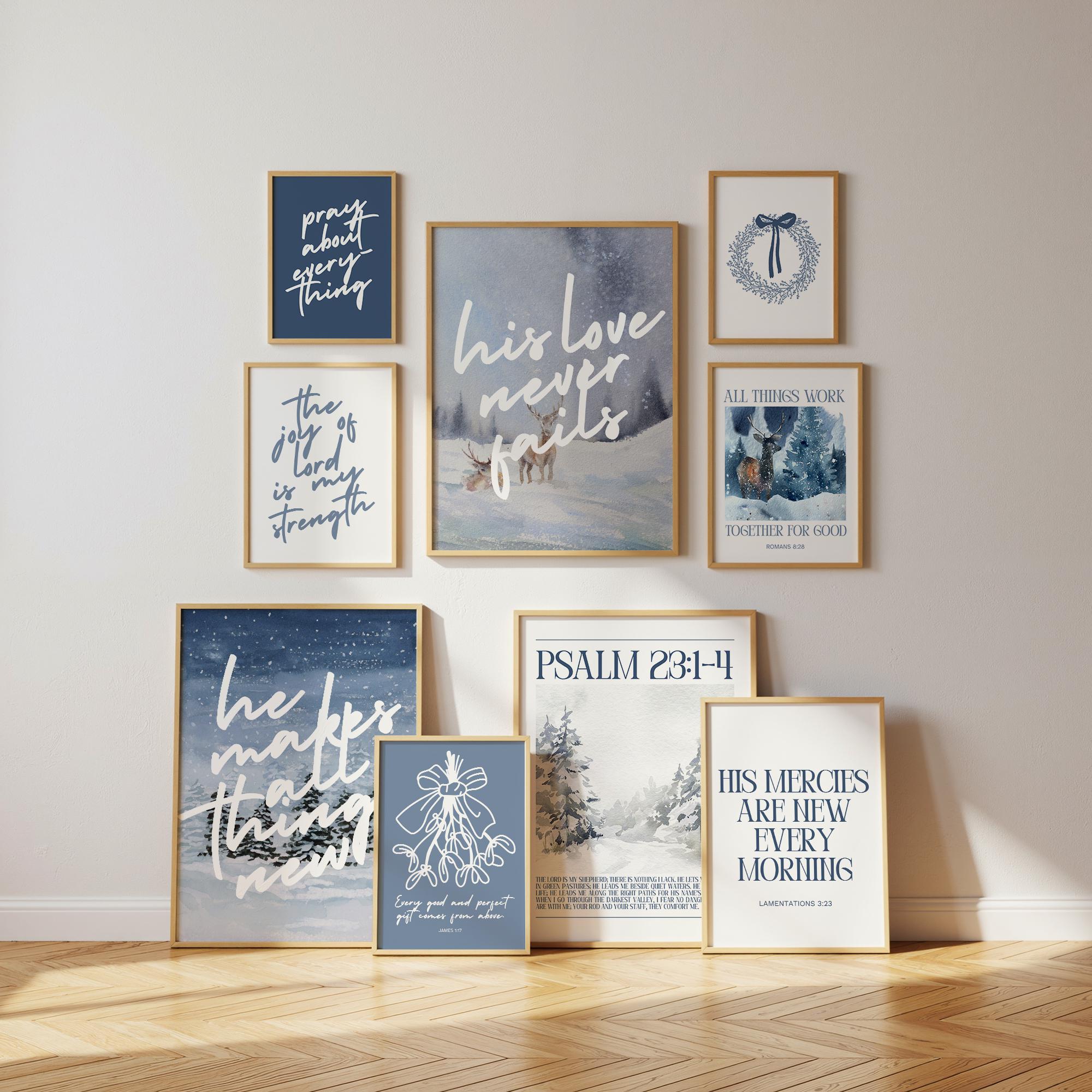 Set di 9 stampe murali natalizie blu: stampe di scritture blu, stampe murali minimaliste con versetti della Bibbia, stampe murali invernali vintage bl