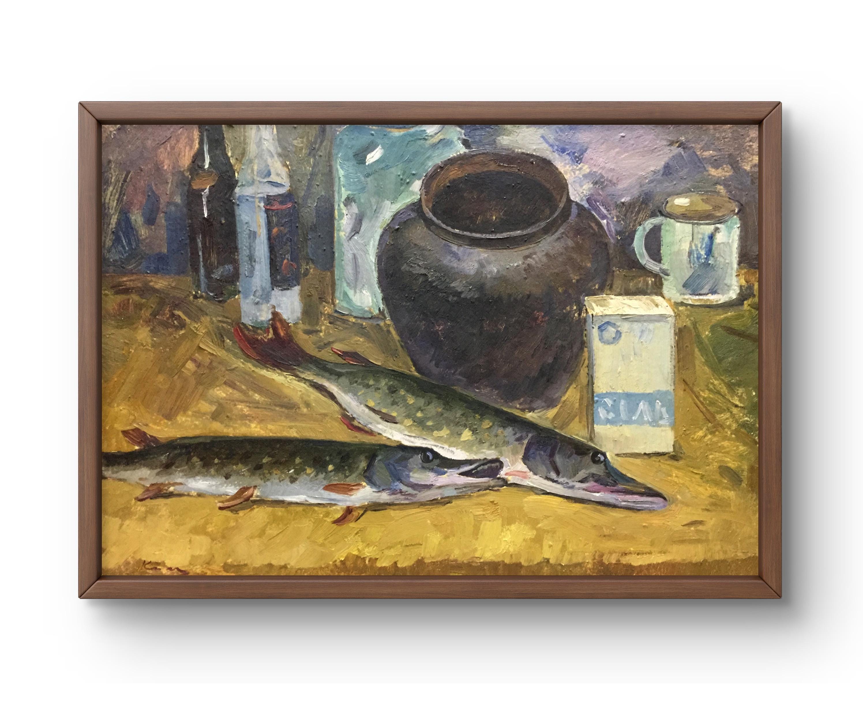 Dipinto a olio natura morta originale, dipinto a olio su cartone, natura morta con due lucci, brocca, bottiglie, arte fatta a mano, senza cornice, art