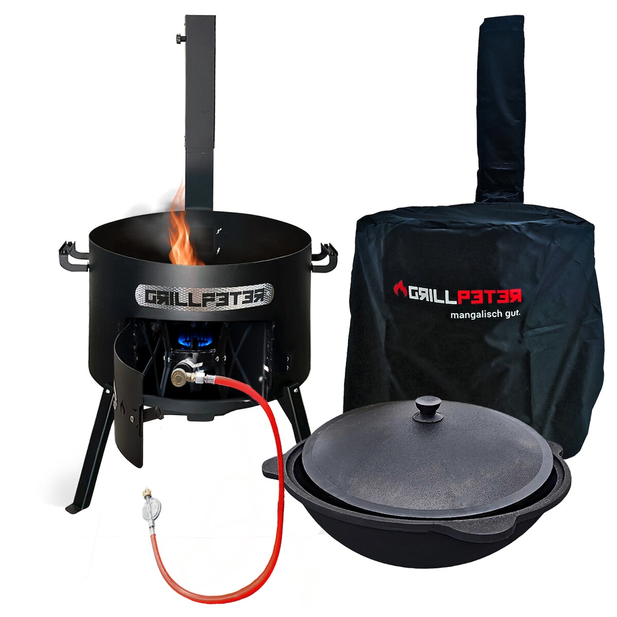 Grillpeter Utschak Asamat Ø50 cm mit Rauchrohr Kasan 22L Gasbrenner Abdeckhaube Image