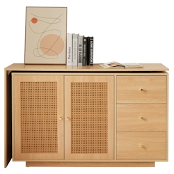 OKWISH Multifunktionaler Schreibtisch 126x40x78 cm, Schwenkfunktion, Stauraum mit Rattan-Optik, verstellbare Einlegeböden, für Büro, Naturholz Image
