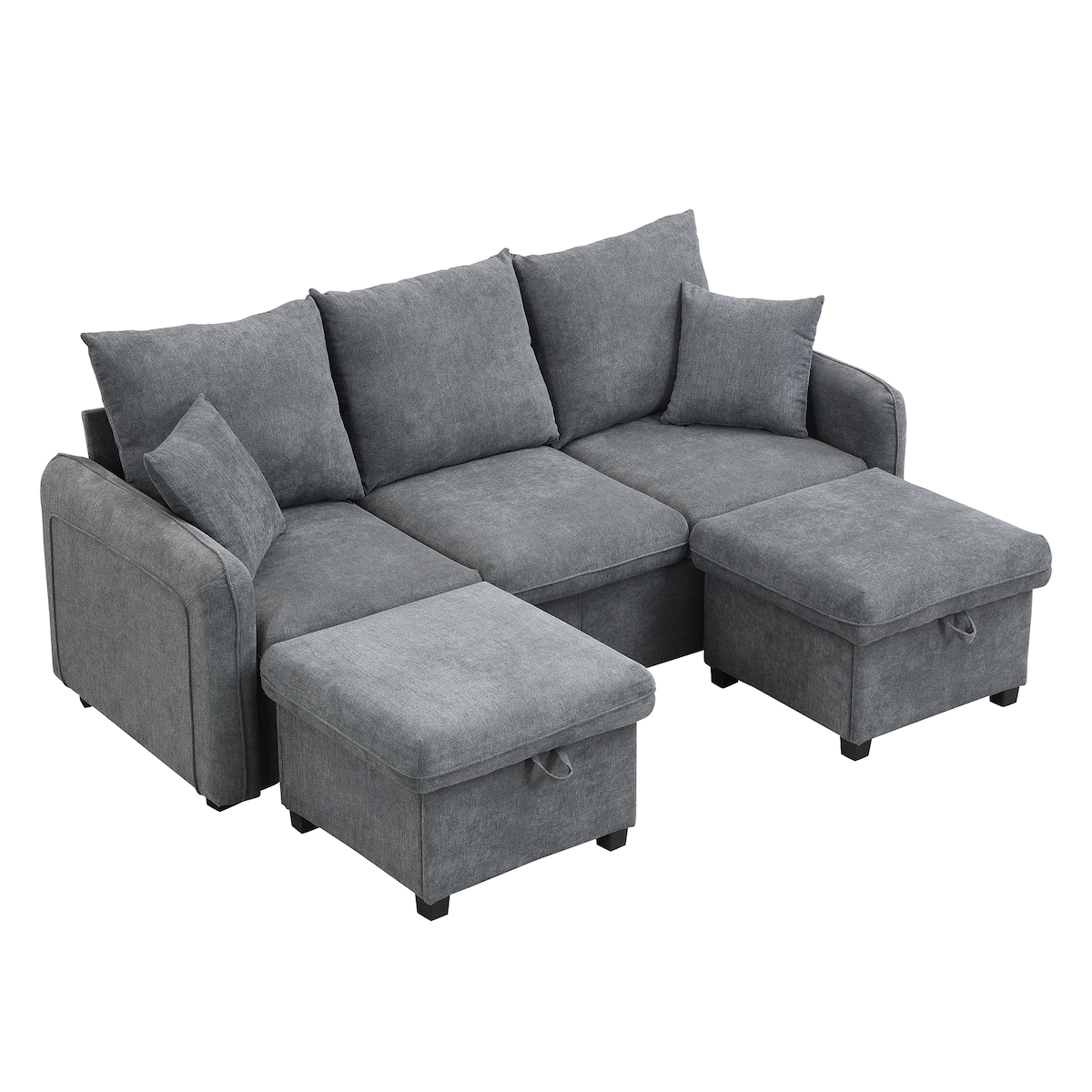 OKWISH Multifunktionales Ecksofa 188x82x86 mit 3 Sitzen und 2 Hockern, Chenille-Stoff, Stauraum, klappbar zu L-Form-Liege oder Einzelbett, kompakt Dunkelgrau Image