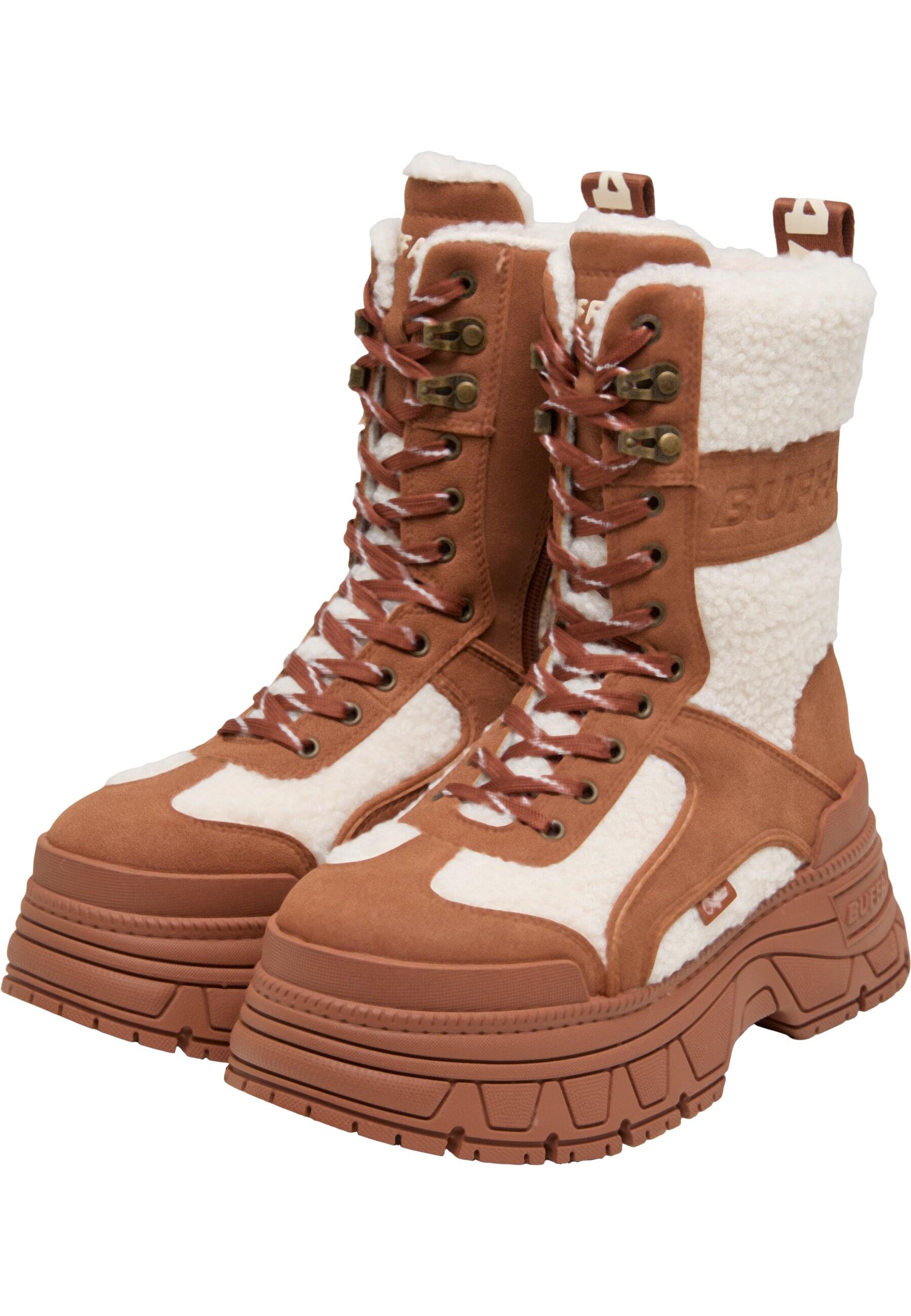 Stiefel BUFFALO "Buffalo FUSION COM HI WARM - VEGAN NUBUCK/FUR", Damen, Gr. 39, cognac, cream, Polyurethan, unifarben, Schuhe Stiefel