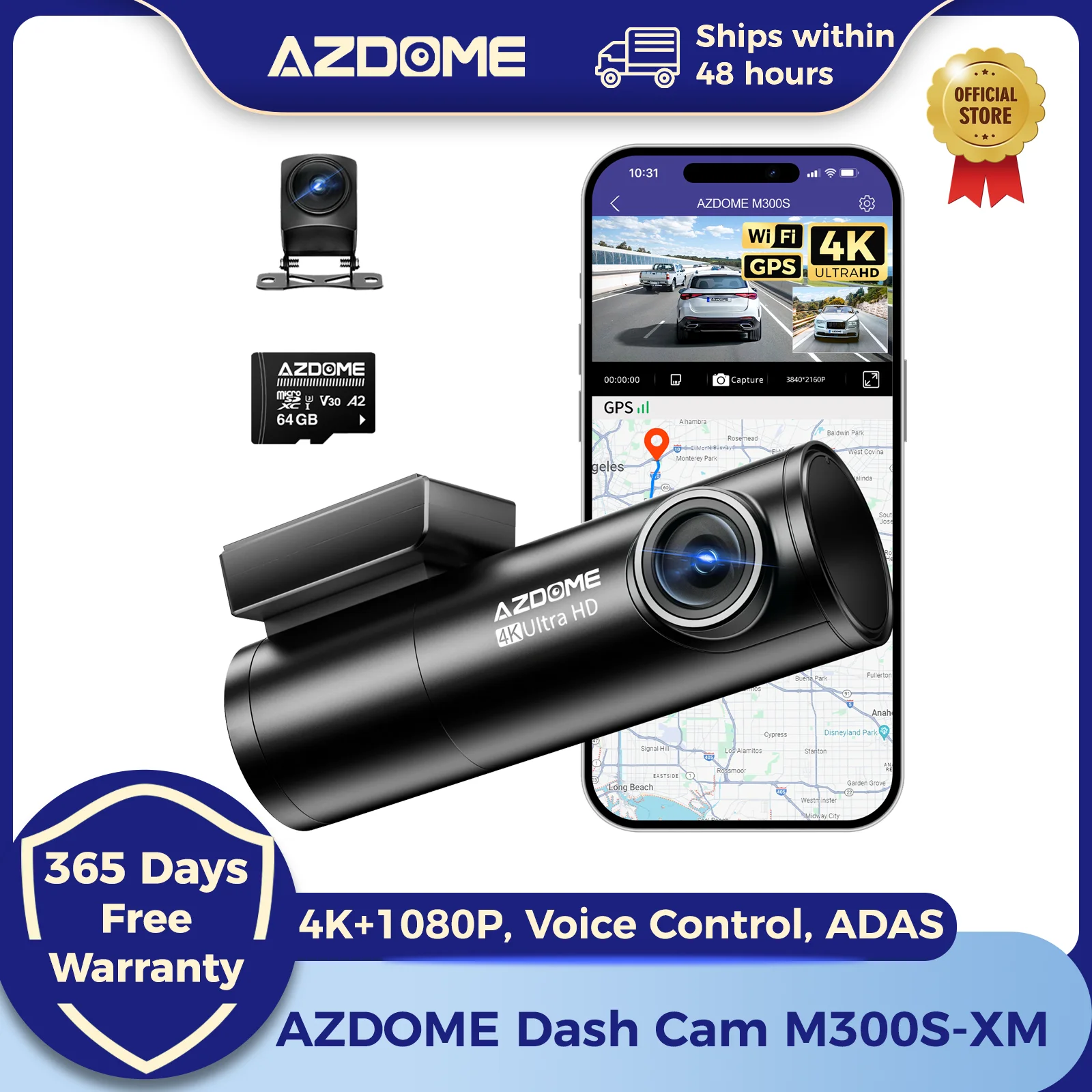 AZDOME Dash Cam M300S 4K + 1080P Dual Dash Auto Kamera Integrierte WiFi GPS ADAS Auto DVR 24H Parkmodus Nachtsicht Black Box