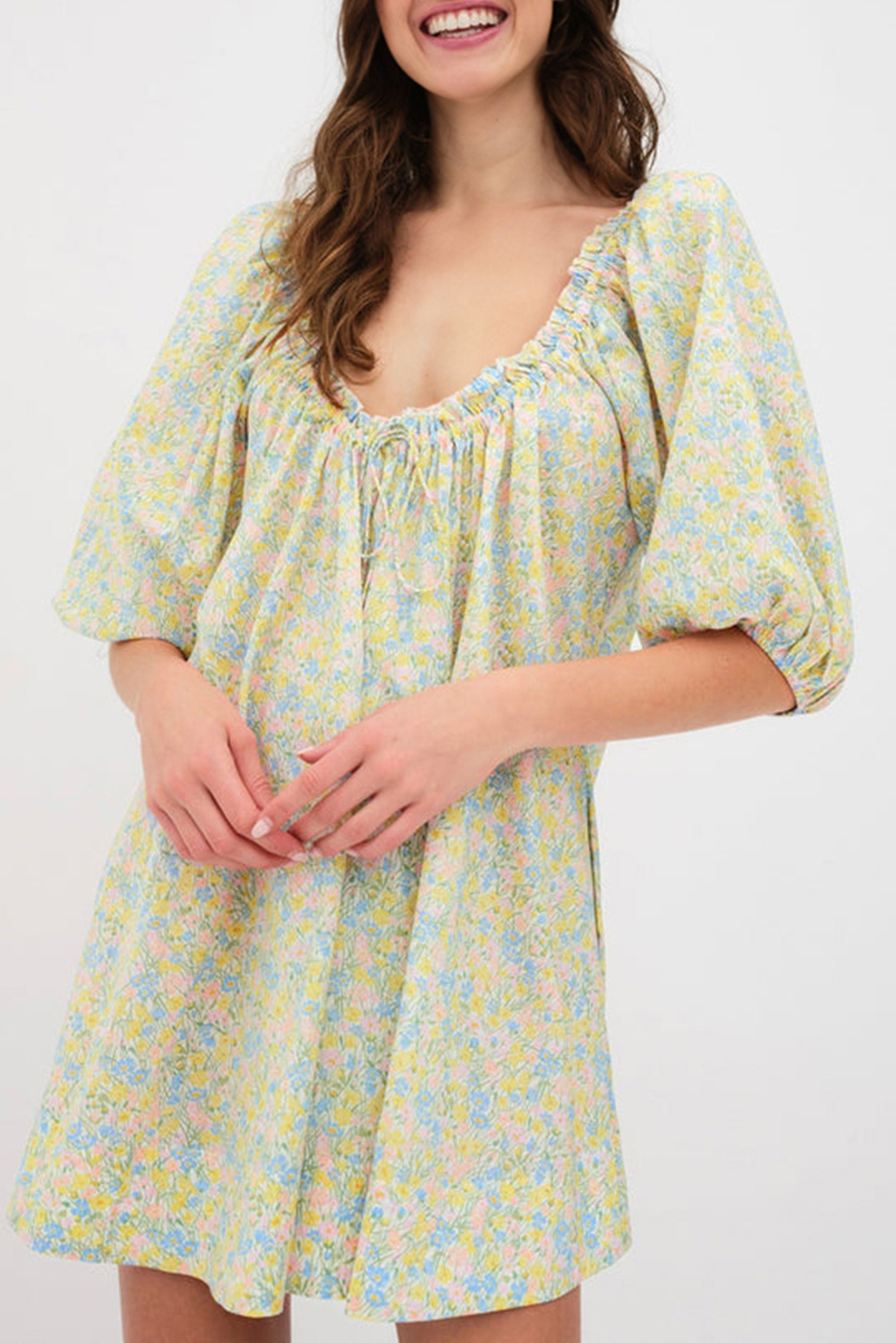 Blumen Mini Kleid Mit Puffärmeln Und Kordelzug Image