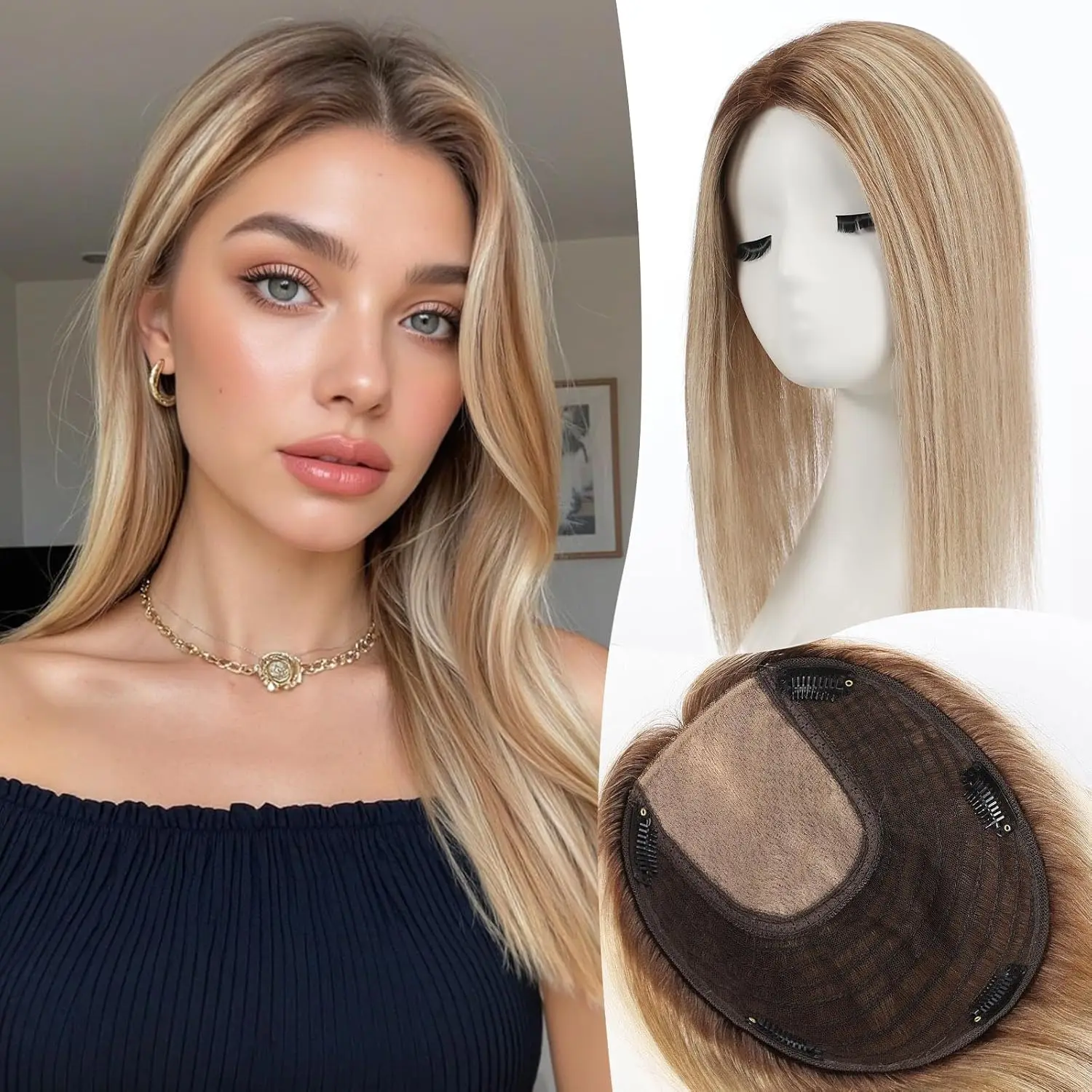 Ombre-Braun-Mischblond-Echthaar-Topper für Frauen, 22,9 x 22,9 cm, großflächige Basis, 40,6 cm, Haarteile mit mehreren rutschfesten Clips