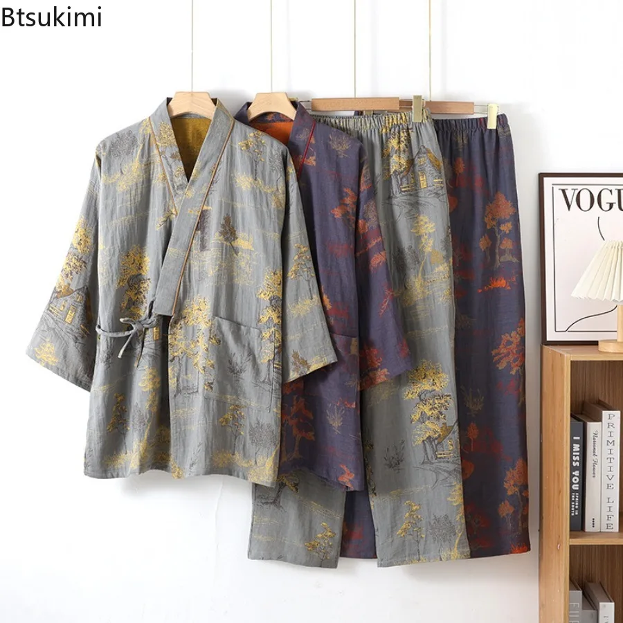 Herren-Kimono-Pyjama-Bademäntel aus Baumwolle für den Frühling, Jacquard-bedruckt, Heimkleidung, mittellanger, übergroßer, atmungsaktiver Bademantel Image
