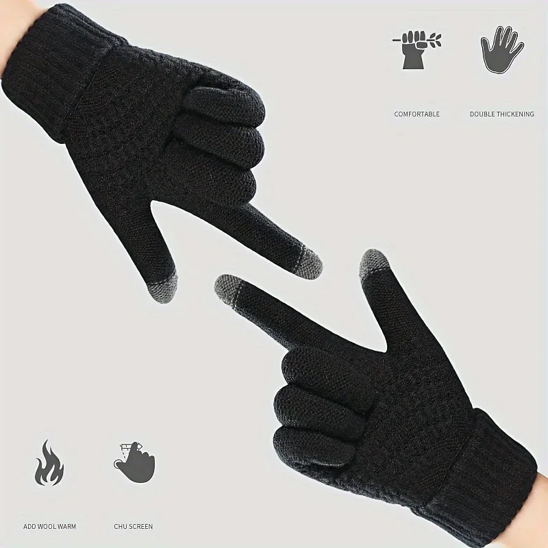 Dick gestrickte Jacquard-Touchscreen-Handschuhe, Winter, warm, Unisex, geteilte Finger, weicher Kaschmirimitat, kältebeständig Image