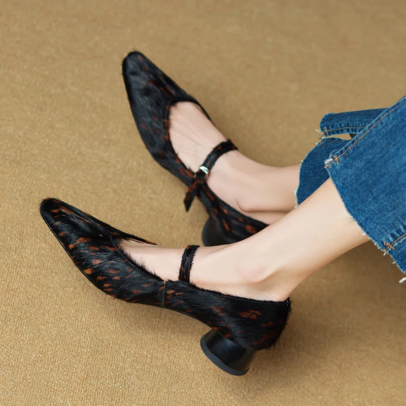 Mary Jane Schuhe für Damen, 2025, neue spitze Zehen-Damenschuhe, Pony-Haarband, echtes Leder, Leopardenmuster, formelle Damenschuhe