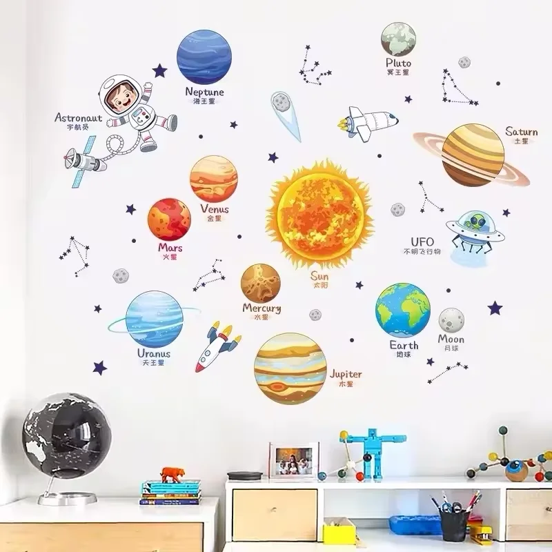Sonnensystem Universum Cartoon Wandaufkleber – Heimdekoration, Planeten, Sonne, Erde, Mond und Kinderzimmer-Schlafzimmerdekoration Image