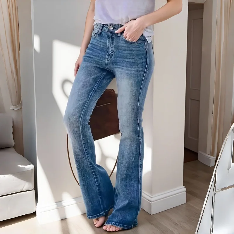 Schlaghose für Damen, gerades Bein, hohe Taille, schmale Passform, Denim-Hose für Damen, modische Flare-Bottom-Damen Image