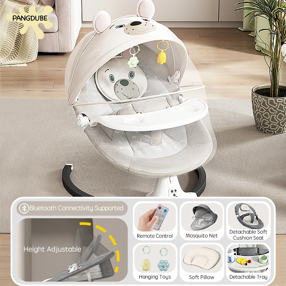 PANGDUBE Baby-Elektrowippe, 5 Geschwindigkeiten, automatische Schaukelwiege mit Bluetooth-Timer, Fernbedienung, faltbar, tragbar, für Neugeborene von 0–12 Monaten Image