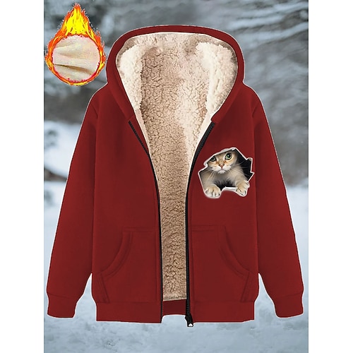 Damen Wintermantel Warm Reißverschluss Tasche Druck Mode Lässig Tiermotiv Straße Lässig Kurz Mit Kapuze Normale Passform Langarm Oberbekleidung Blau Schwarz Rote Frühling Herbst