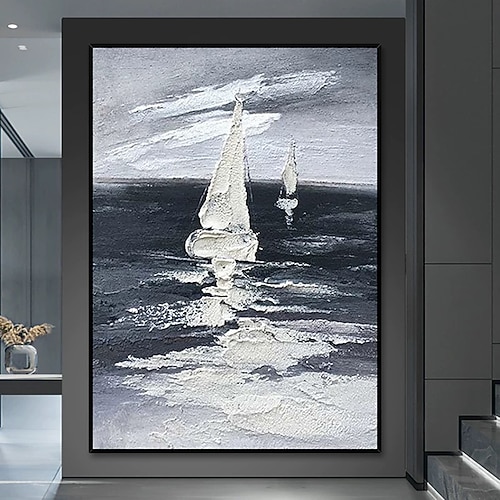 Mintura, handgefertigte abstrakte Ölgemälde mit Bootslandschaft auf Leinwand, moderne Wanddekoration für Zuhause, gerollt, rahmenlos, ungespannt. Image