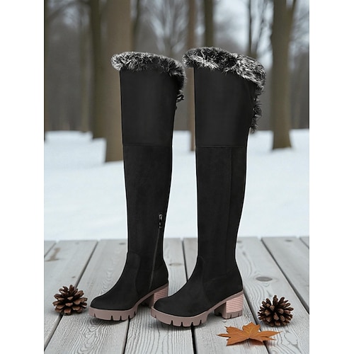 Braune Damen-Overknee-Winterstiefel – mit Kunstfellbesatz, dickem Blockabsatz, kuscheliger Stil für kaltes Wetter, ideal für Partys und Outdoor-Aktivitäten Image