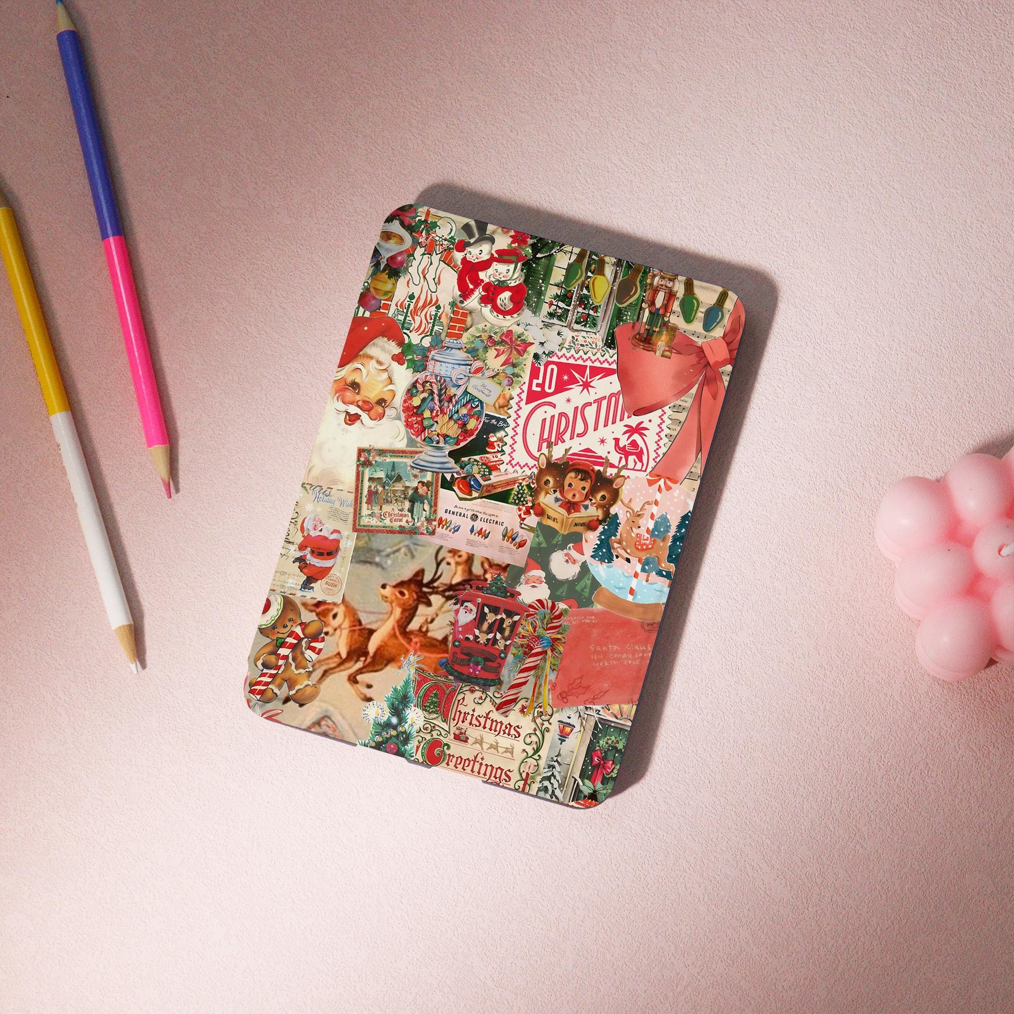 Custodia Kindle con cinturino e motivo collage natalizio vintage, custodia Kindle Colorsoft 2024, custodia Paperwhite 12th da 7 pollici, custodia Kobo