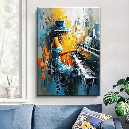 Handgemaltes Ölgemälde auf Leinwand, abstrakte Figur eines Mädchens am Klavier, geeignet für Zuhause, Musikraum oder als Wanddekoration, auf Keilrahmen gespannt / gerollt, ungespannt Image