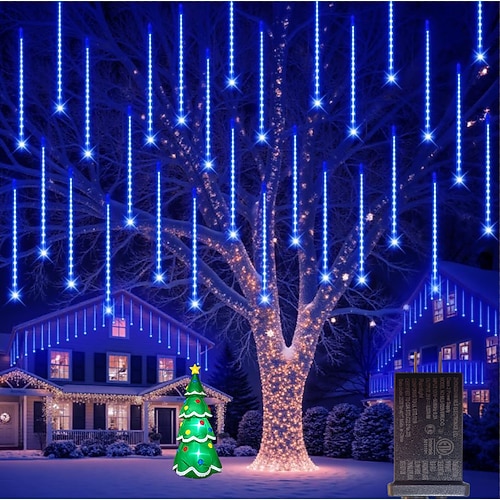 2-in-1-Lichterkette mit Meteoritenschauer-Effekt, 30 cm x 16 Röhren, 384 LEDs, für drinnen und draußen, Hof, Garten, Balkon, Veranda, Dachvorsprung, Hochzeit, Festival, stimmungsvolle Dekoration, Niederspannung, sicherer Stecker Image