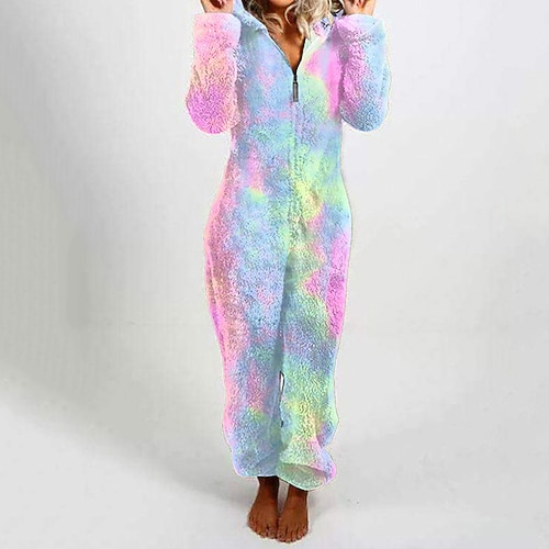 Damen Schlafanzug Freizeitkleidung Onesie Mode Lässig Weich Grafik Reißverschluss Urlaub Heim Straße Langarm V Ausschnitt Blau Schwarz Rosa Rote Orange Frühling Herbst Winter Normale Passform Image