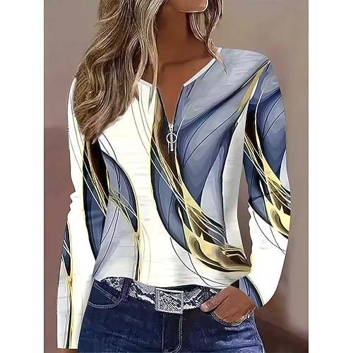 Damen T Shirt Reißverschluss Druck Grafik Geometrisch Vintage Mode Stilvoll Langarm Rundhalsausschnitt V Ausschnitt Normale Oberteile Täglich Hellgrau Frühling Herbst Winter Image