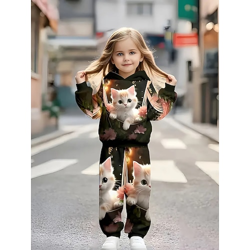 Mädchen 3D Grafik Katze Hoodie- und Jogginghosen-Set Sportanzug Trainingsanzüge Langarm Frühling Herbst Täglich Basic Lässig Kinder Ab 4 Jahren Mit Kapuze Outdoor Urlaub Sport Figurbetonter Schnitt Image