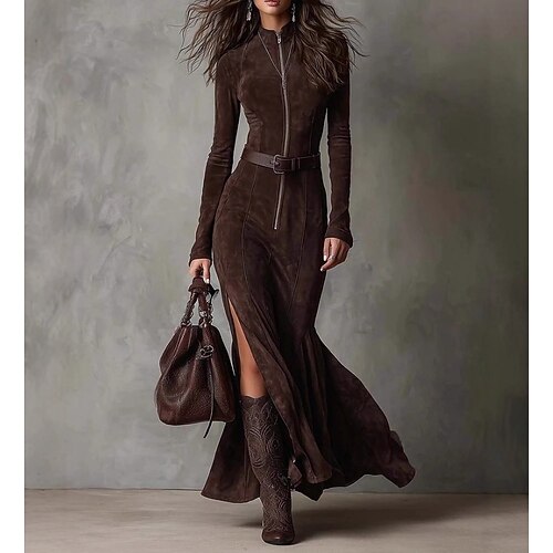 Maxikleid aus Wildleder, Etuikleid, lässig, Boho-Stil, Alltag, Urlaub, normale Passform, schlicht, lange Ärmel, hoher Kragen, dunkelbraun, Herbst/Winter Image