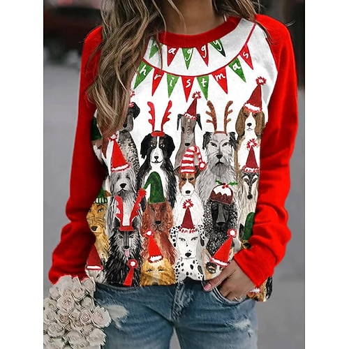 Damen Pullover Sweatshirt Grafik Tiermotiv Hund Mode Lässig Langarm Rundhalsausschnitt Rundhals Normale Oberteile Straße Alltagskleidung Lässig Druck Rote Grün Herbst Winter