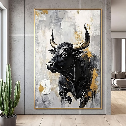 Originales Ölgemälde eines Stiers, handgemaltes abstraktes Wandbild, Stiergemälde auf Leinwand, großes handgemaltes schwarzes Stiergemälde auf Leinwand, abstraktes Stier-Leinwandbild, strukturiertes Image