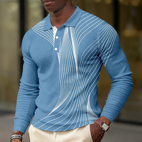 Herren Geometrisch Linie Waffel-Poloshirts Langarm Polo-Shirts Hemden mit Kragen Business-Casual Geschäft Büro-Outfit Alltagskleidung Knöpfe Frühling Herbst Winter Blau Schwarz Grün Image