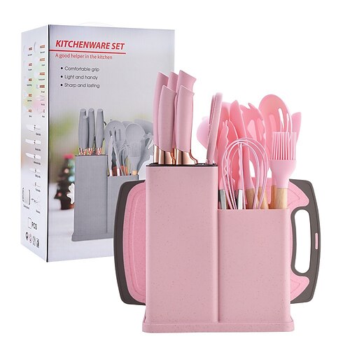 Silikon-Küchenutensilien-Set, 19-teilig, Werkzeugset, Aufbewahrungseimer, Küchenmesser, Strohhalmfarben Image