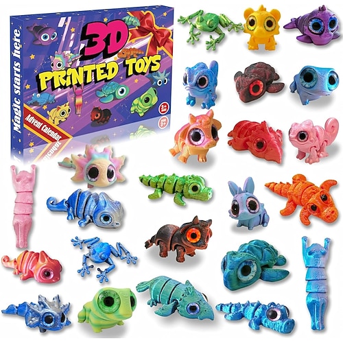 Mini-Adventskalender mit 3D-gedruckten Tieren, 24 bewegliche und flexible Spielfiguren mit leuchtenden Augen, Geschenk für Kinder, Jungen, Mädchen und Kleinkinder, Mitgebsel für Partys,