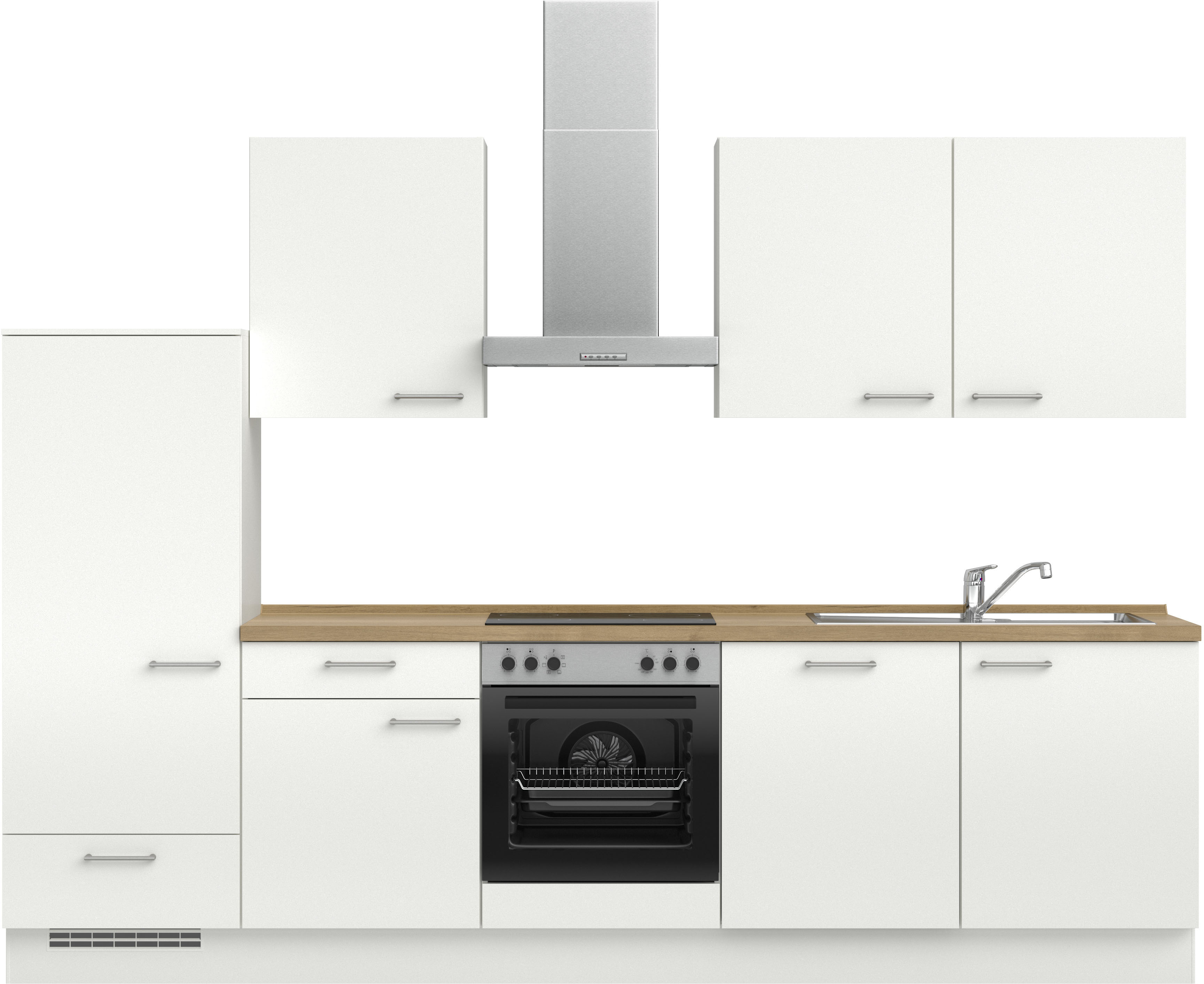 Küchenzeile NOBILIA "Laser I", NEU: individuell anpassbar mit gratis Profi-Beratung", weiß (küche: weiß, korpus: alpinweiß, arbeitsplatte: eiche havanna nachbildung), B:300,3cm H:216,6cm T:60cm, Komplettküchen-Sets, Küchenzeile, vormontiert, 180 cm... Image