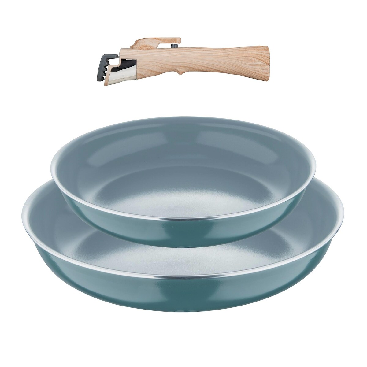 BERGNER Click&Cook - Set aus 2 Bratpfannen (Ø 22cm und Ø 26cm) mit abnehmbarem Griff in Holzoptik aus gepresstem Aluminium Image